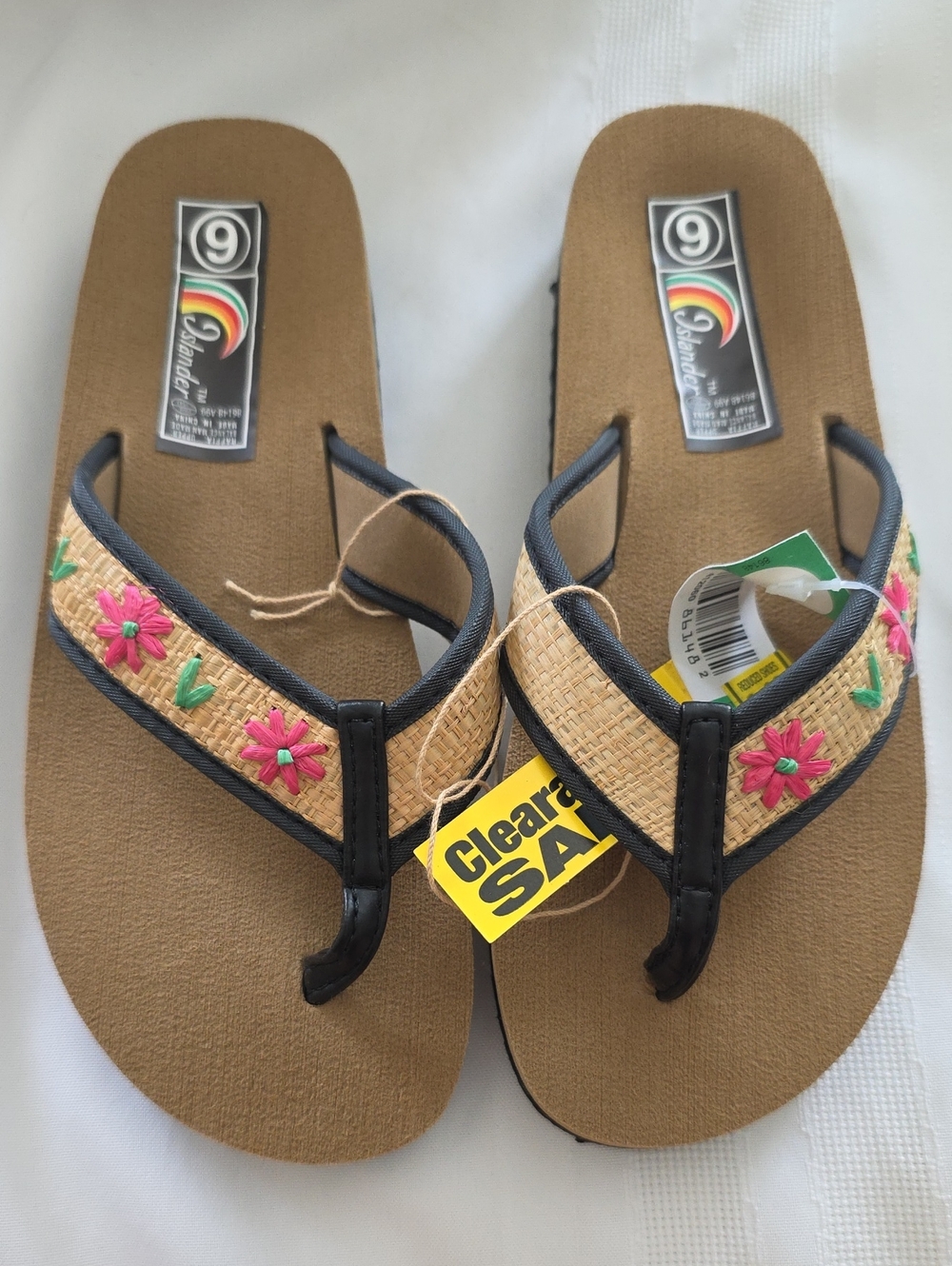 Vintage Islander Flip Flop Sandals with Black Straps and Florals New W/ Org Tags